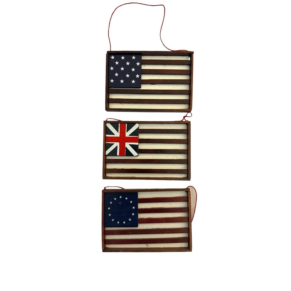 Set Of 3 Wooden Flag Ornaments Colonial USA, Great Britain Patriotic Christmas